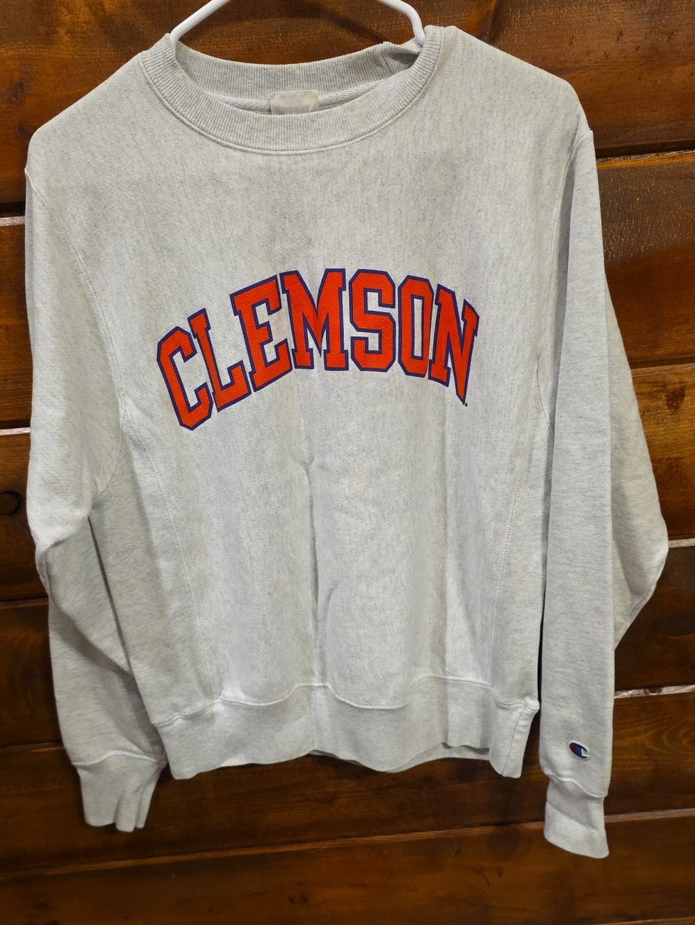 Champion Light Gray Clemson Crewneck with Orange and Purple Logo